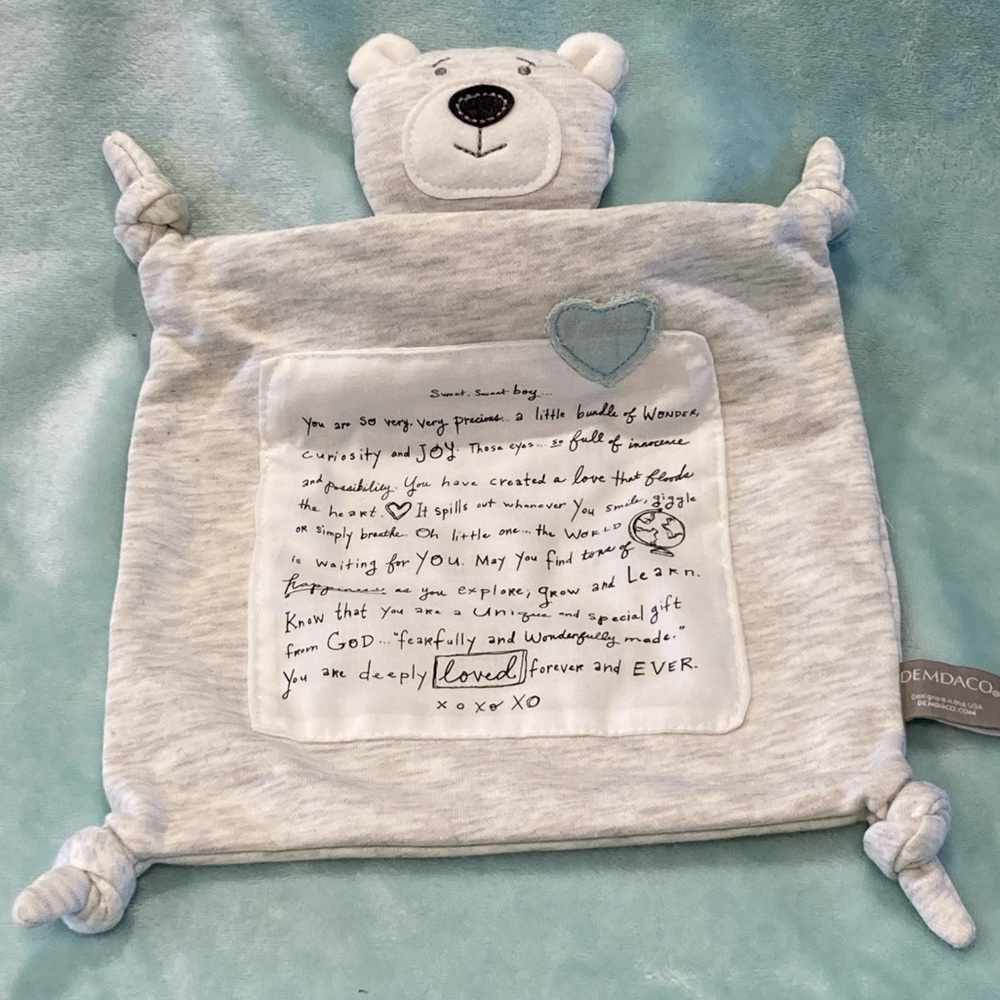 EUC DEMDACO Sweet Sweet Boy Grey Bear 14" x 10" Plush Nursery Bed Blankie Lovey